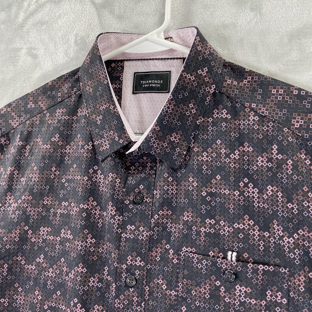 7 Diamonds Black Shirt with Pink Pattern Casual Button-Down